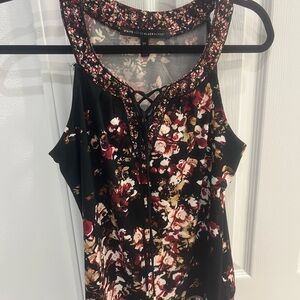 White House Black Market Black and Pink Tie Front Tank Top